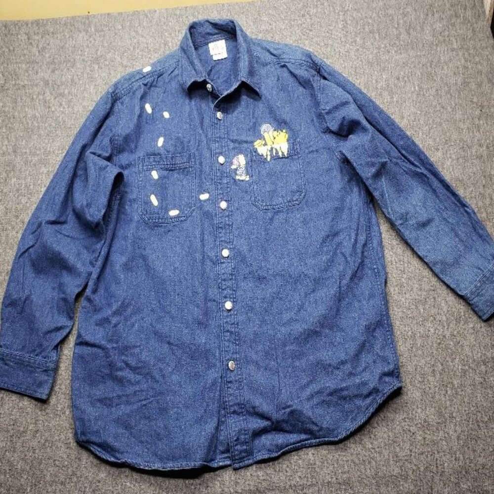 Vintage 90s Disney Winnie the Pooh Denim Shirt Mens L Blue Embroidered Honey Jar